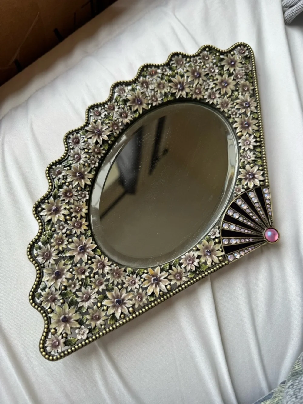 Floral Beaded Decorative Oval Mirror - Pink & Gold Accents